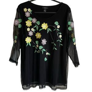 Alfani Top Black Mesh Overlay Sheer 3/4 Sleeve Floral Embroidery Sz L Whimsigoth